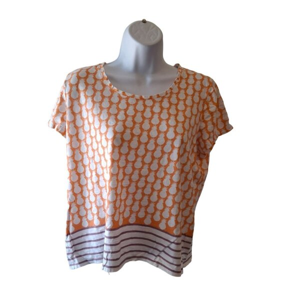 Talbots Knit Top M Orange White Pineapples Blue Stripes Short Sleeves Preppy Bea - Picture 1 of 7